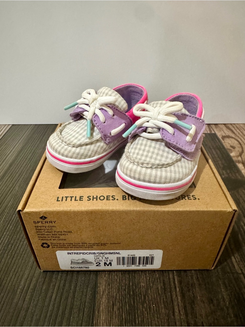 Sperry Intrepid Crib Gingham Boat Shoes Girls Toddler Size 2M Pink Purple - Picture 3 of 15